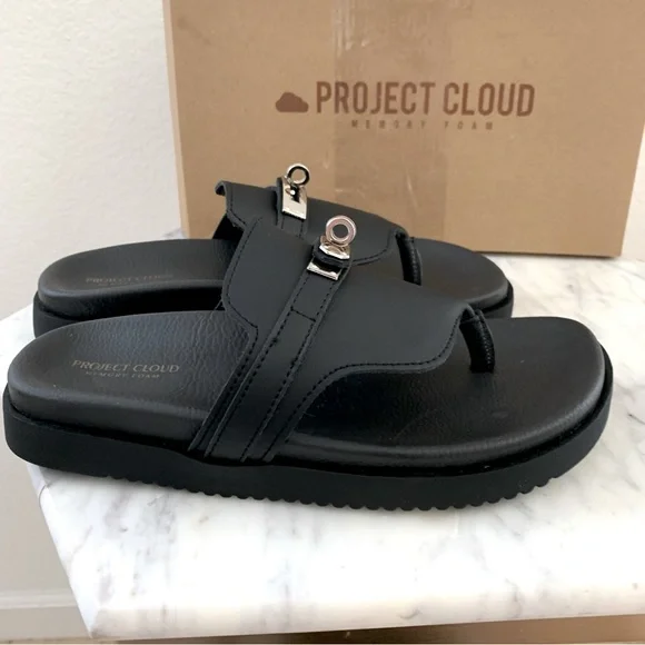 ☁️ PROJECT CLOUD Vita Genuine Leather Turn Lock Flat Sandals in Black - Picture 5 of 9